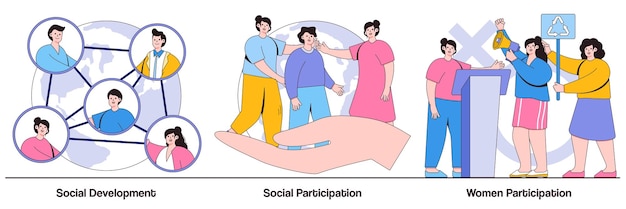 Desarrollo social y participación conceptos de participación de mujeres con personajes de personas Normas de comportamiento paquete de ilustración vectorial Compromiso social participación comunitaria metáfora de grupo social