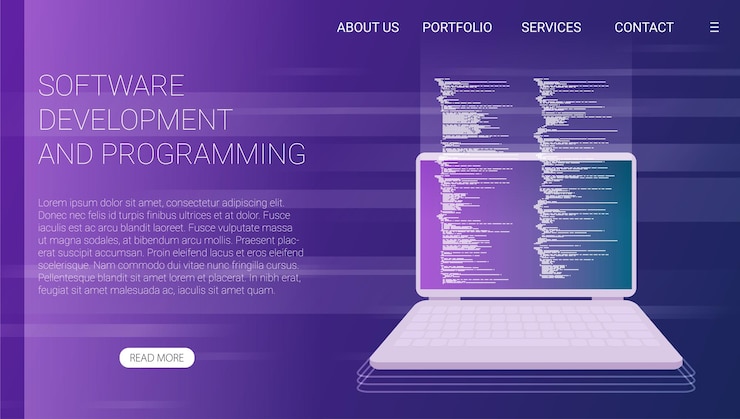 Vector desarrollo de software y código de programa de programación en la pantalla del portátil computación de procesamiento de datos grandes