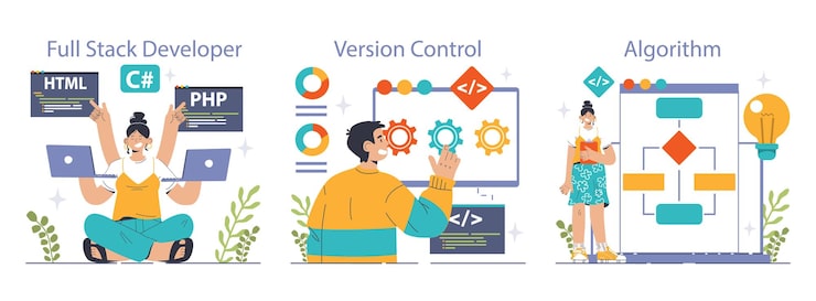 Vector desarrollo de software conjunto de codificación de backend y frontend ingeniería o programación de software script y