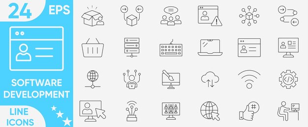desarrollo de software conjunto de iconos equipo de negocios desarrollo de software de negocios innovador análisis de datos de negocios comunicación objetivo y más conjunto de vectores e ilustradores