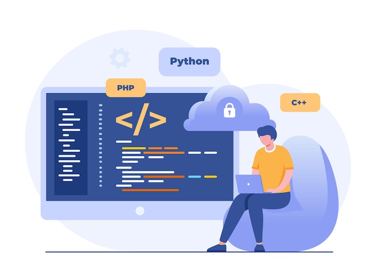 Vector desarrollo de software lenguajes de programación web css html it ui programador personaje de dibujos animados desarrollo de sitio web codificación banner de ilustración plana