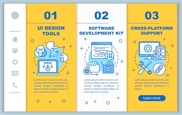 Desarrollo de software onboarding plantilla de páginas web móviles. Idea de interfaz de sitio web de teléfono inteligente sensible con ilustraciones lineales. Pantallas paso a paso de la página web. Concepto de color