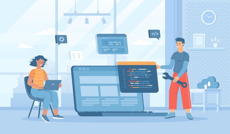 Vector desarrollo de software programación codificación la gente escribe configuraciones de código y pruebas desarrollo de programas