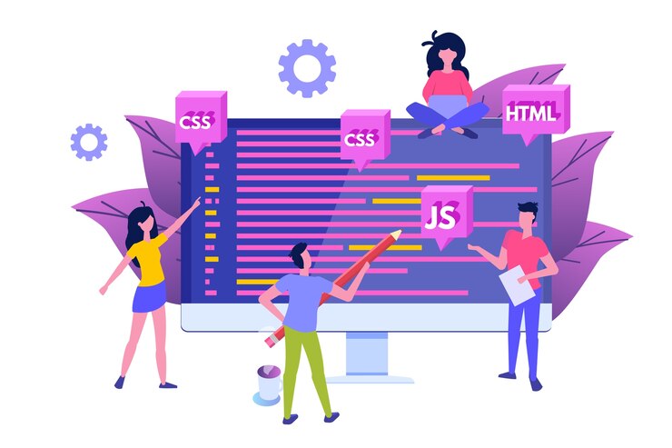 Vector desarrollo de software, programador en el trabajo. procesamiento de big data.