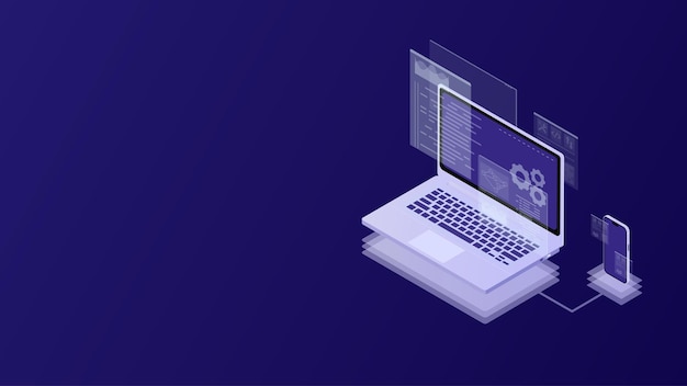 Vector desarrollo de software y prueba de código ui para móviles y computadoras en vista isométrica