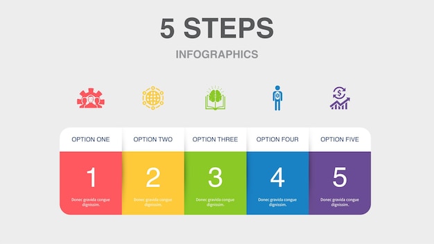 Desarrollo solución global conocimiento inversor economía iconos plantilla de diseño infográfico concepto creativo con 5 pasos