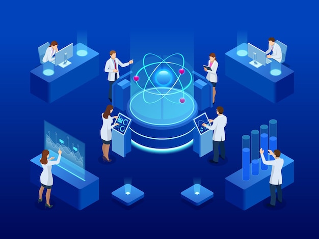 Desarrollo de tecnología nuclear o atómica Interacción de diferentes estudios Ilustración vectorial isométrica