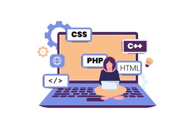 Desarrollo de tecnologías de programación y codificación y desarrollo de ingeniería Ilustración plana