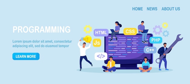 Desarrollo de tecnologías de programación y codificación y desarrollo de ingeniería. Programador o desarrollador crea código. Pantalla de ordenador con códigos. Trabajo de desarrollador con tareas, software de codificación usando pc
