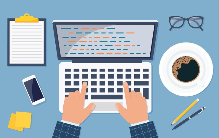 Vector desarrollo web gestión de escritorio y experiencia en el lugar de trabajo de ti. vista superior de una mesa, computadora portátil, carpeta, documentos, bloc de notas, tarjetas de visita, libros, café, negocios, organización. eps 10