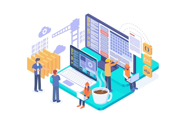 Desarrollo web isométrico en concepto de construcción.