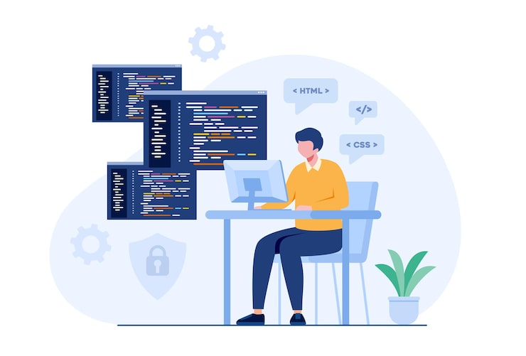 Vector desarrollo web. lenguajes de programación. css, html, it, ui. programador personaje de dibujos animados que desarrolla sitio web, codificación. banner de ilustración plana