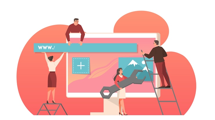 Vector desarrollo web en la pantalla del monitor de la computadora. la gente crea una plantilla de interfaz. ilustración