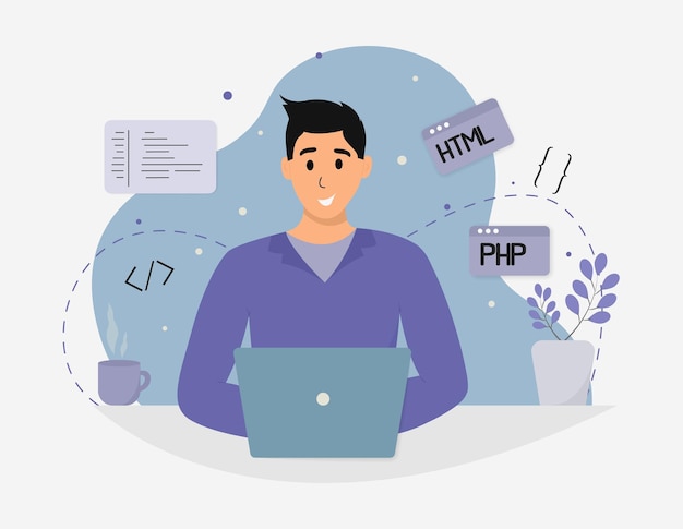 Desarrollo web php. programación. el hombre detrás de la computadora portátil. ambiente de trabajo. red