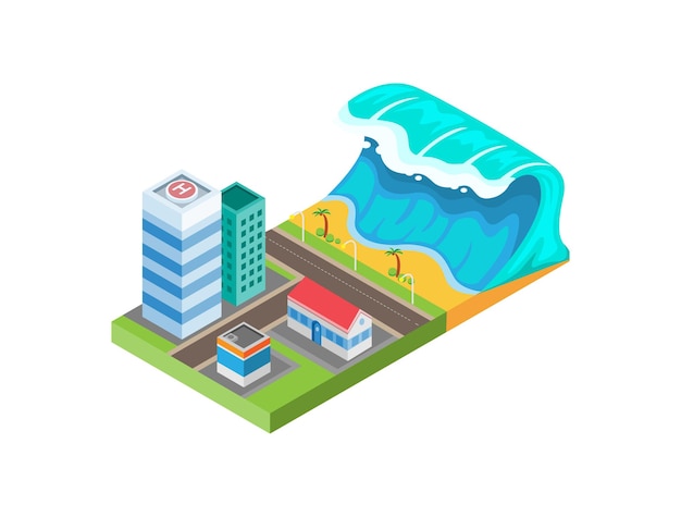 Desastre de tsunami en vector de ilustración isométrica de playa y ciudad