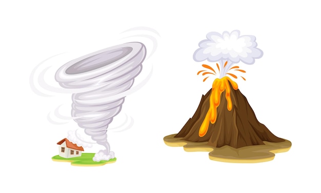 Desastres naturales establecidos Tornado y erupción de volcán Ilustración vectorial de dibujos animados