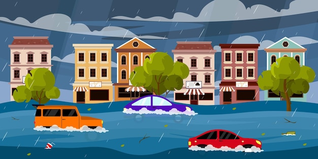 Desastres naturales inundaciones Ilustración vectorial de calles de la ciudad inundadas con agua en estilo de dibujos animados Edificios y vehículos dañados Fuertes lluvias torrenciales huracanes árboles rotos