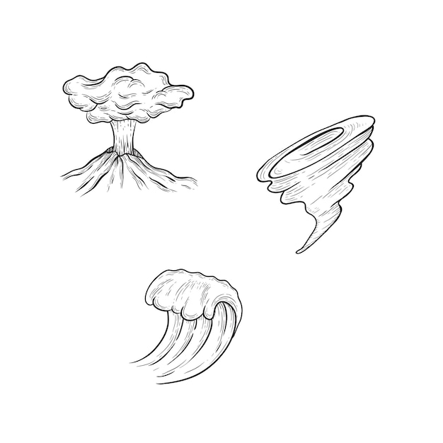 Desastres naturales Volcán tsunami tornado Ilustración de boceto vectorial dibujado a mano