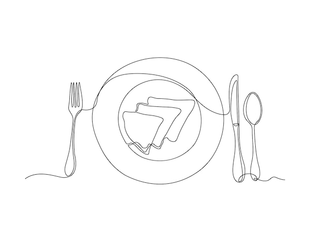 Desayuno abstracto panqueques enrollados en plato continuo una sola línea de arte dibujo a mano boceto logotipo