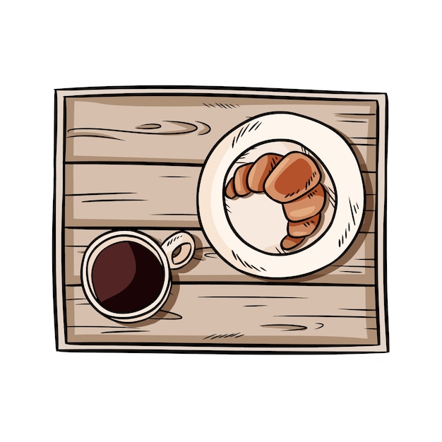 Desayuno a la cama bandeja. croissant con café en una bandeja de madera rústica decorativa antigua doodle. vista superior dibujado a mano ilustración con café negro y pastelería. imagen aislada sobre fondo blanco