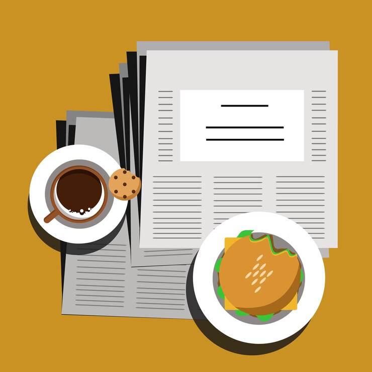 Vector desayuno, comida, bebida y periódico, ilustración vectorial
