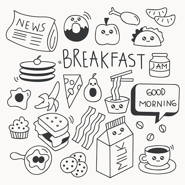 Desayuno comida doodle conjunto ilustración vectorial