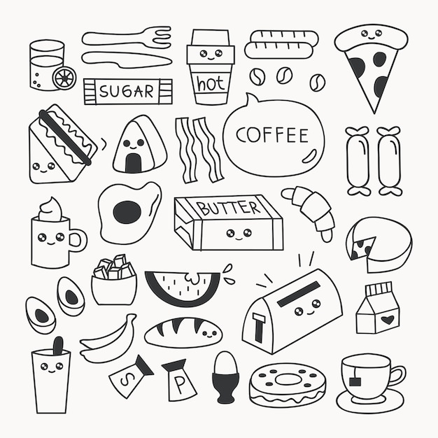 Desayuno comida doodle conjunto ilustración vectorial