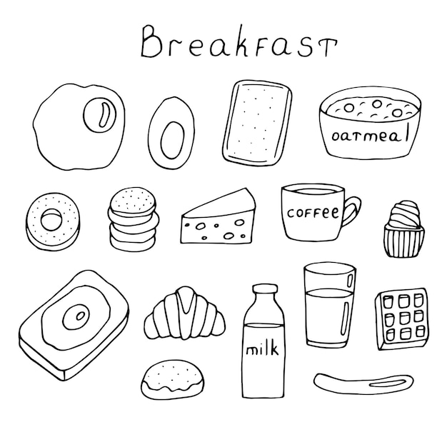 Desayuno conjunto ilustración vectorial, garabatos de dibujo a mano alzada