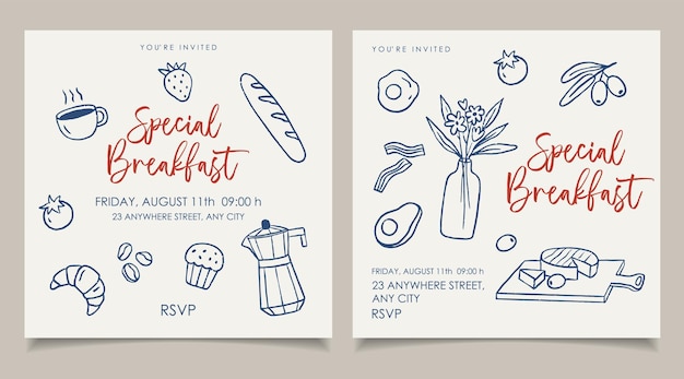 Desayuno dibujo a mano invitación de fiesta conjunto italiano la dolce vita lápiz de colores estilo de dibujo