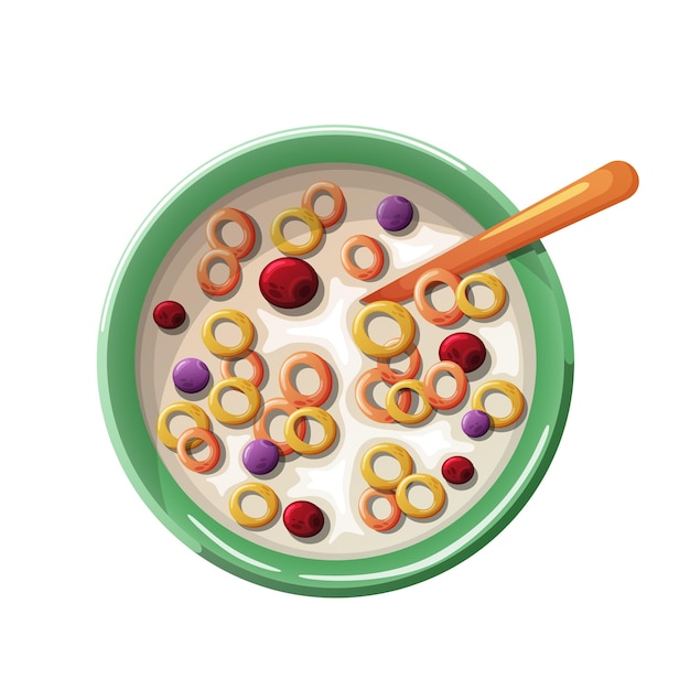 Vector desayuno de dibujos animados leche con anillos dulces y bayas