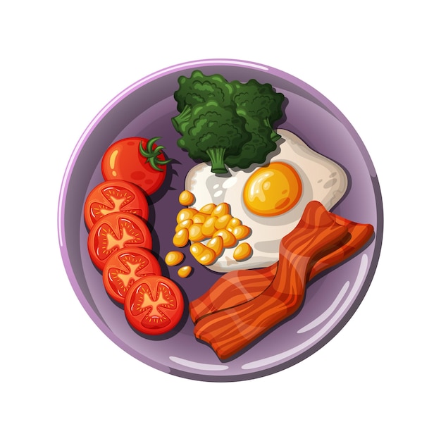 Desayuno de dibujos animados Tocino tomates brócoli huevo frito maíz