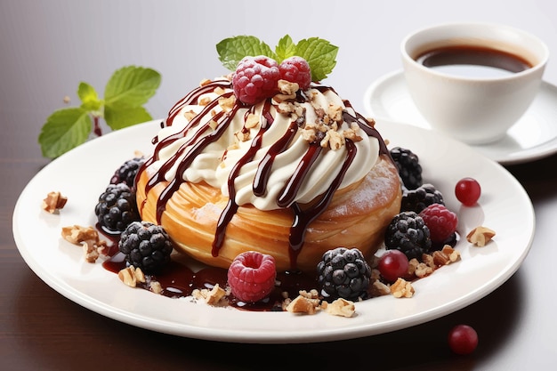 Vector desayuno con donuts dulces y una taza de café sobre fondo de madera oscura