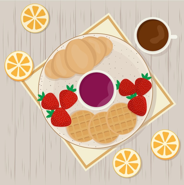 Desayuno dulce con croissant gofres fresas café y mermelada Vista desde arriba