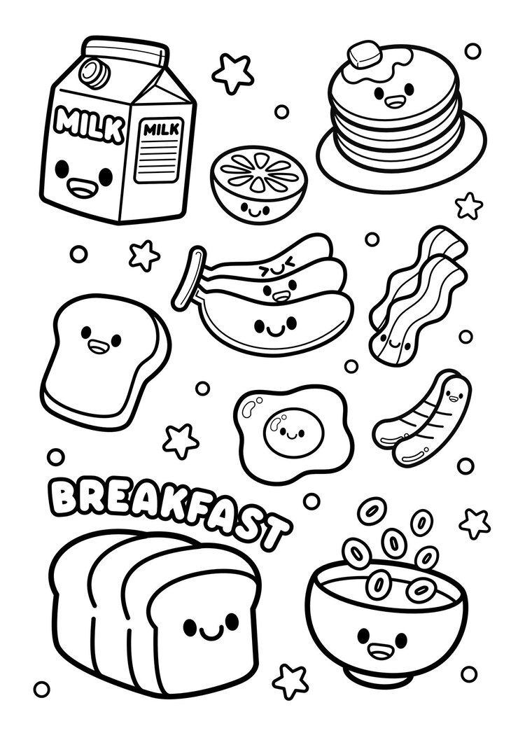 El desayuno es lindo. Ilustración de página de colorear.