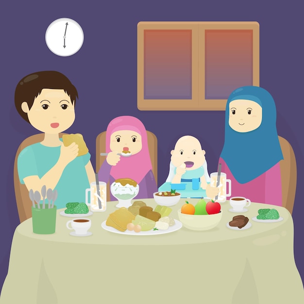 Vector desayuno de familia musulmana comida indonesia ilustración vectorial linda