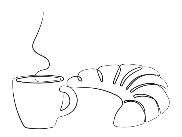 Desayuno francés de una taza de café con leche y un croissant en un dibujo artístico minimalista de una sola línea