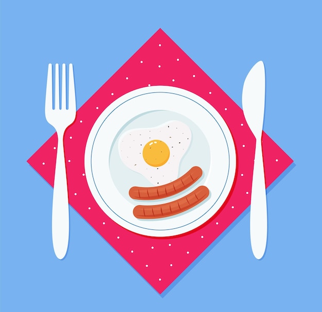 Vector desayuno huevo frito y salchichas en un plato, con un tenedor y un cuchillo en una servilleta. ilustración de vector de estilo plano eps 10