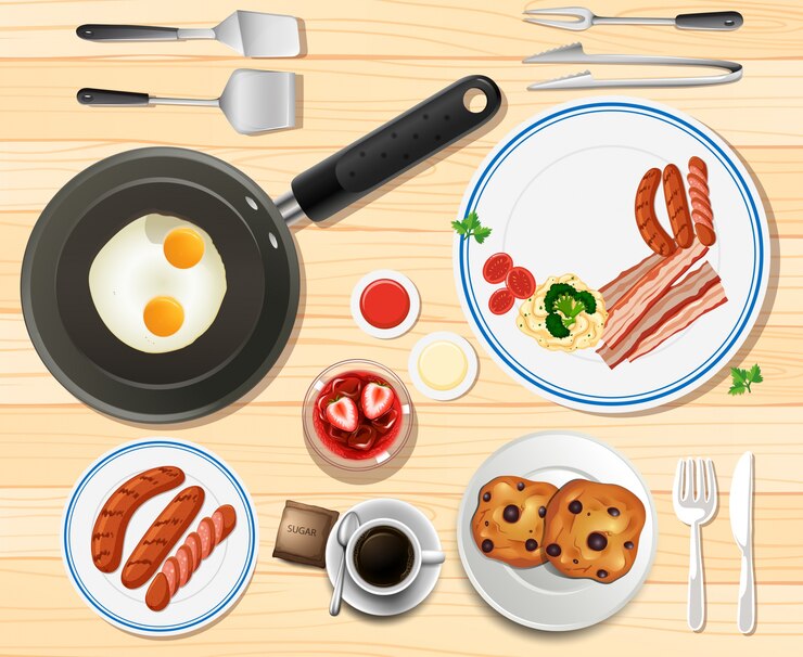 Vector desayuno con huevos y salchichas