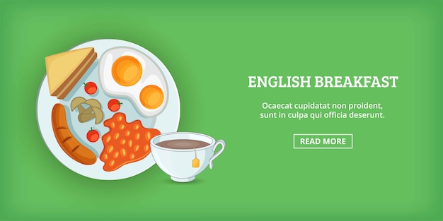 Desayuno inglés banner horizontal, estilo cartoon.