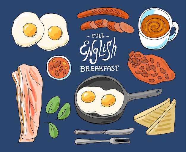 Desayuno inglés completo Hermosa ilustración de comida vectorial dibujada a mano