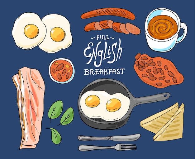 Desayuno inglés completo hermosa ilustración de comida vectorial dibujada a mano