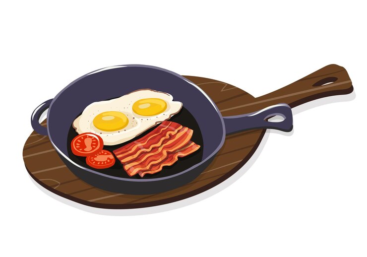 Vector desayuno inglés huevos fritos con tocino en una sartén de hierro fundido