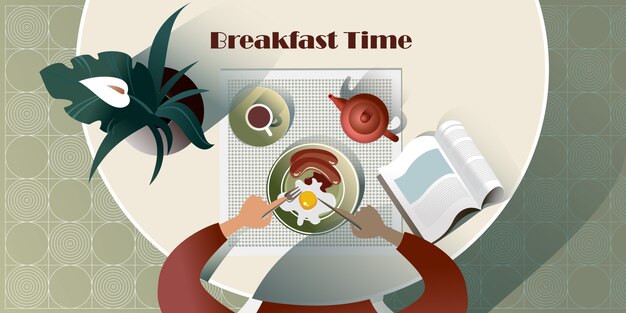 Desayuno inglés con un libro. Ilustración vista superior