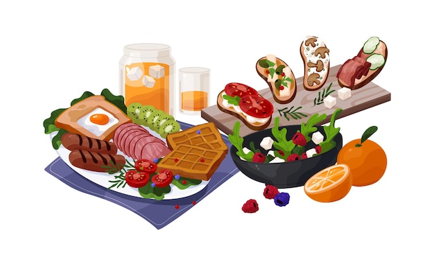 Desayuno inglés en plato tostada con huevos revueltos zumo de naranja salchichas comida voladora comiendo levitando comida con verduras tostadas con carne ilustración de vector aislado plano en blanco
