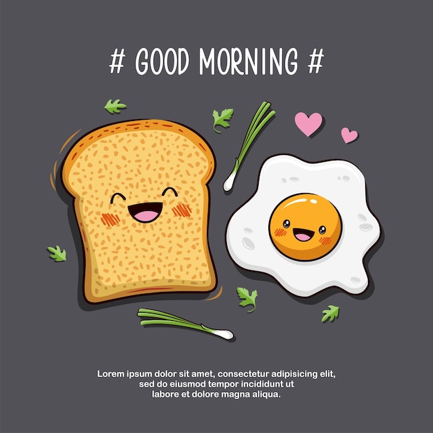 Desayuno Kawaii, Lindo Huevo Frito Y Pan, Hora Del Desayuno, Ilustración De Dibujos Animados