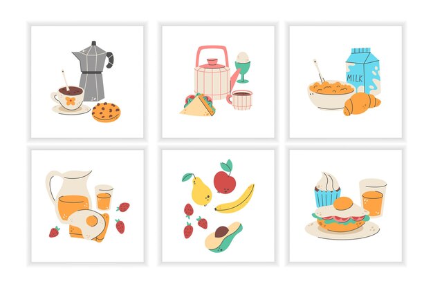 Desayuno de la mañana bocadillos té y café estilo Doodle croissant huevos comida plátanos y avena cuenco saludable con frutas y verduras elementos de diseño del menú icono vectorial dibujo llamativo