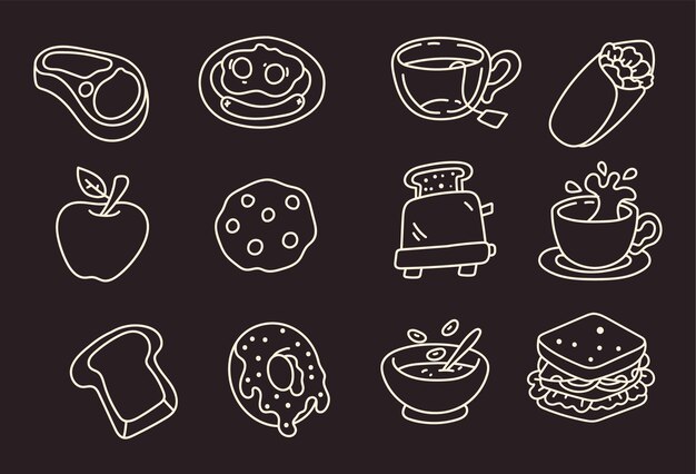 Desayuno matutino con café línea de arte conjunto aislado diseño gráfico vectorial ilustración