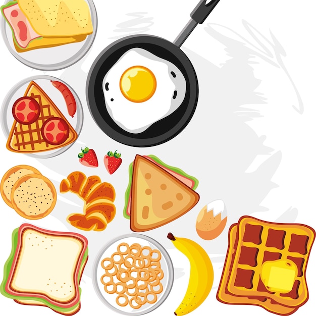 Desayuno con panes de huevo y frutas