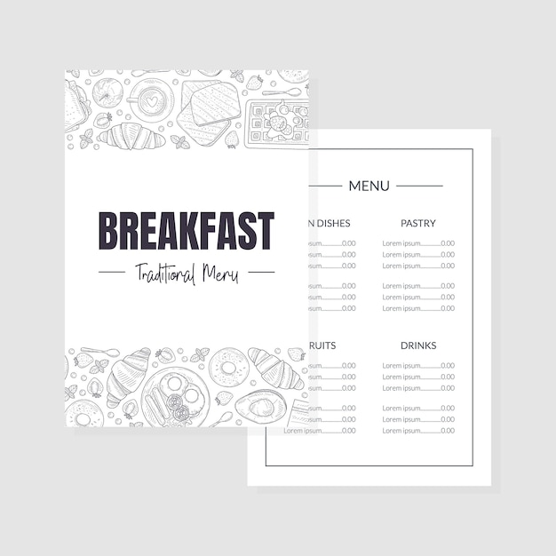 Desayuno plantilla de menú tradicional comida de la mañana platos placemat folleto vintage ilustración vectorial dibujada a mano