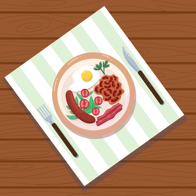 Desayuno en un plato Huevo frito Salchichas frijoles Cerezo ensalada de tomate tocino Mesa de madera